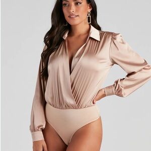 Elegant Satin Wrap Bodysuit - Cream